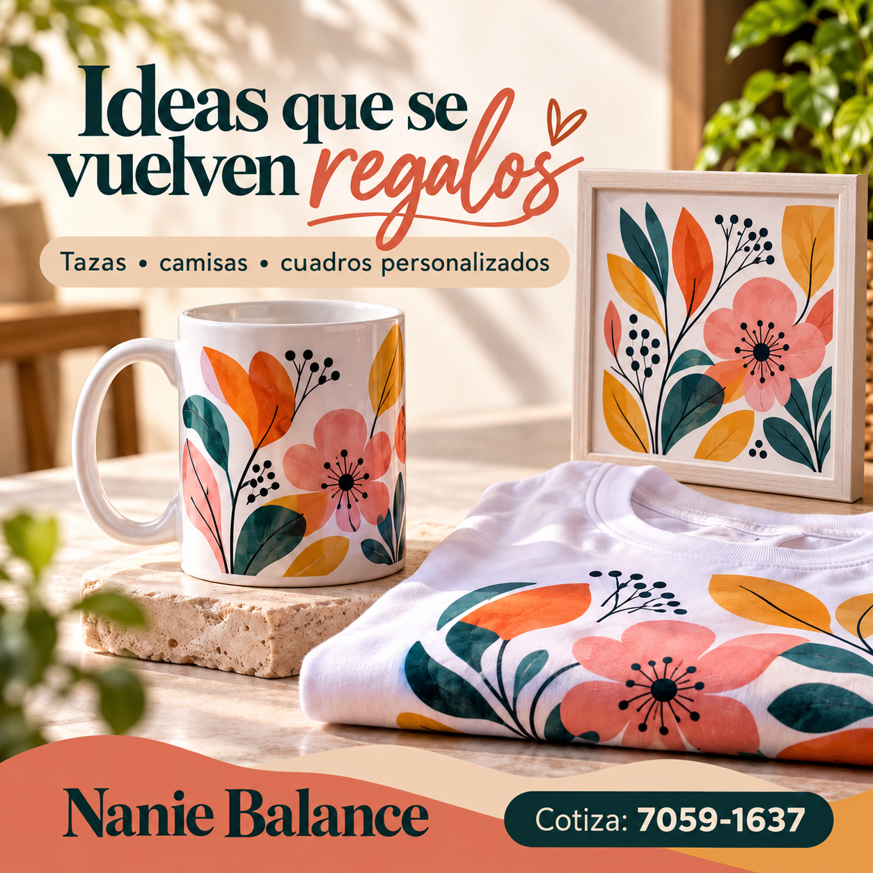 Propuesta publicitaria de taza, camisa y cuadro personalizados de Nanie Balance