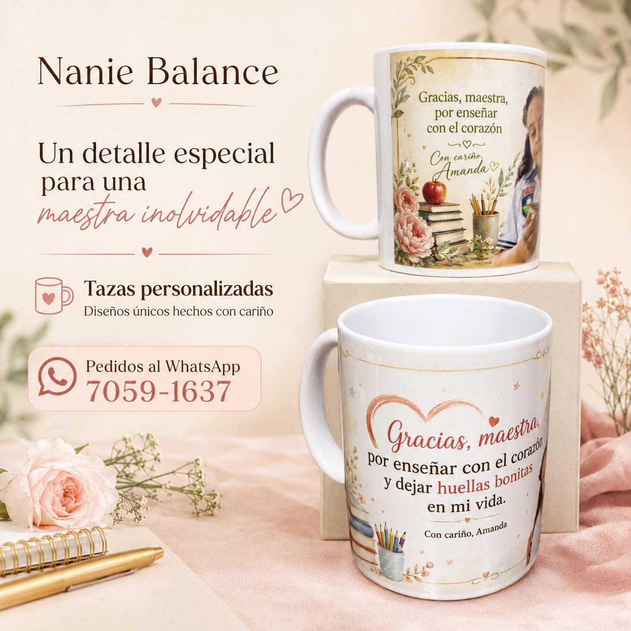Presentación de tazas personalizadas para una maestra