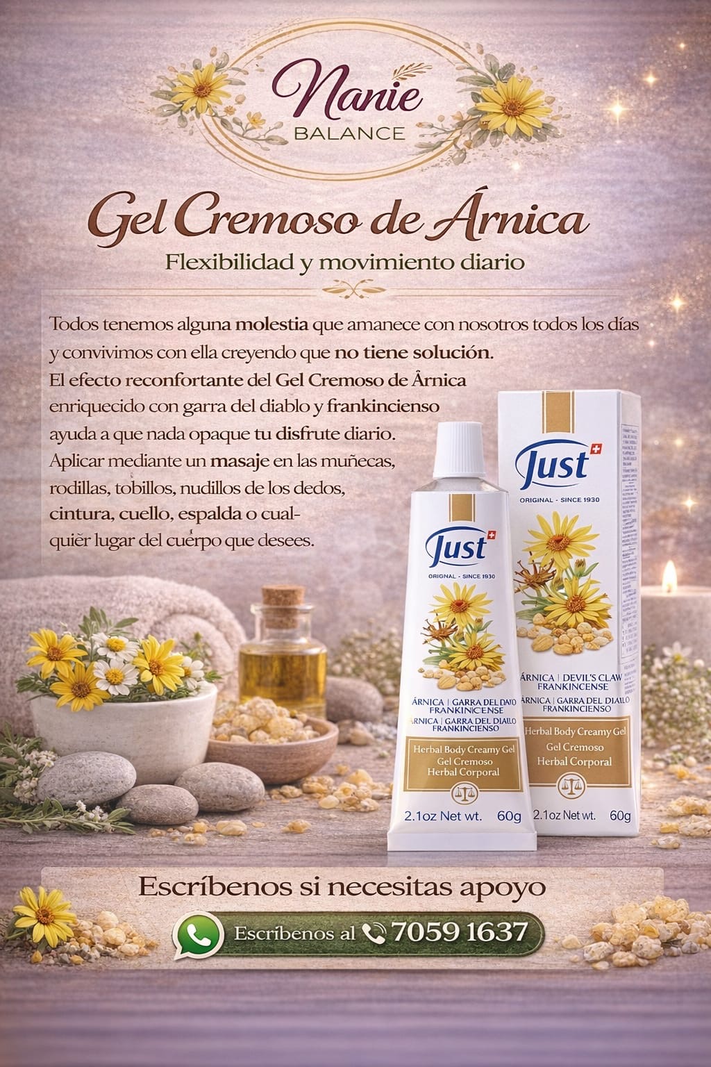 Gel cremoso de árnica Just presentado por Nanie Balance