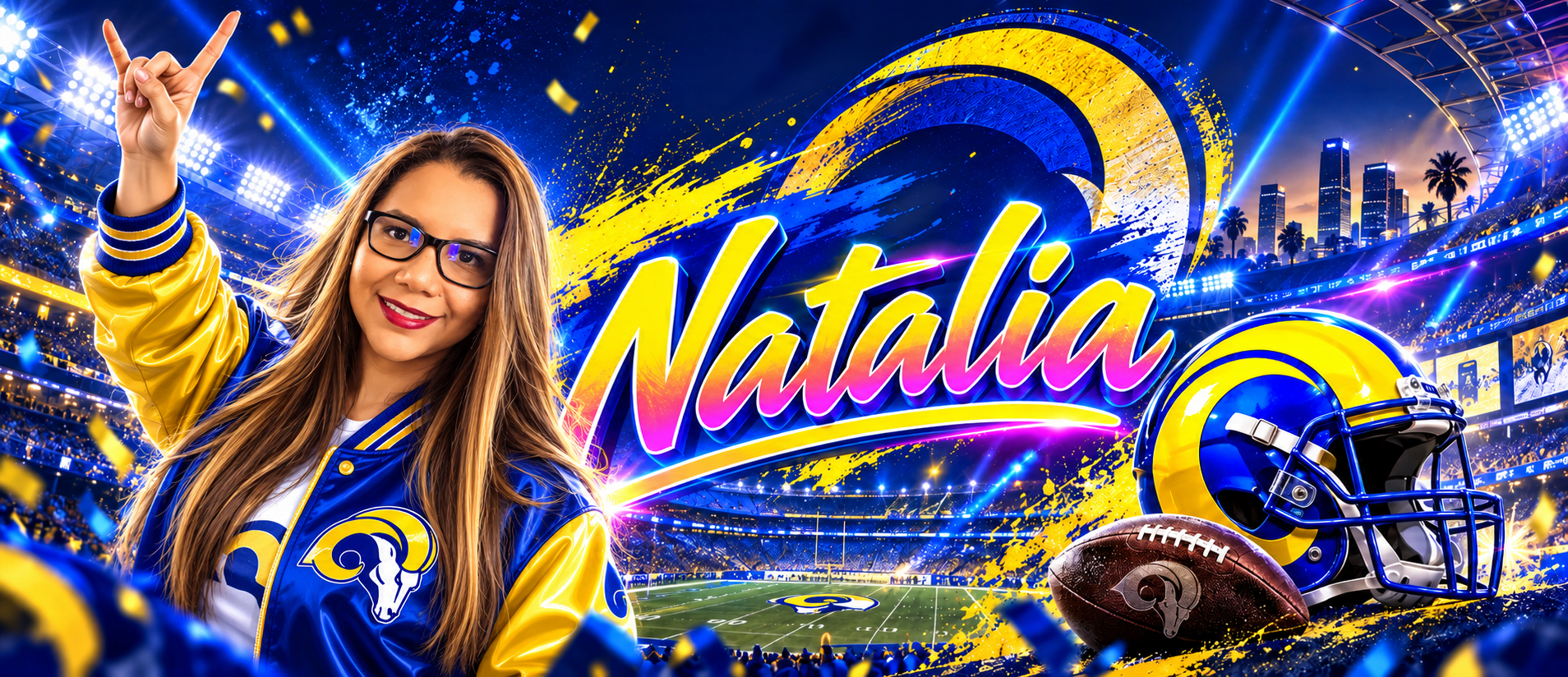 Composición personalizada completa con retrato y ambiente de estadio en colores neón